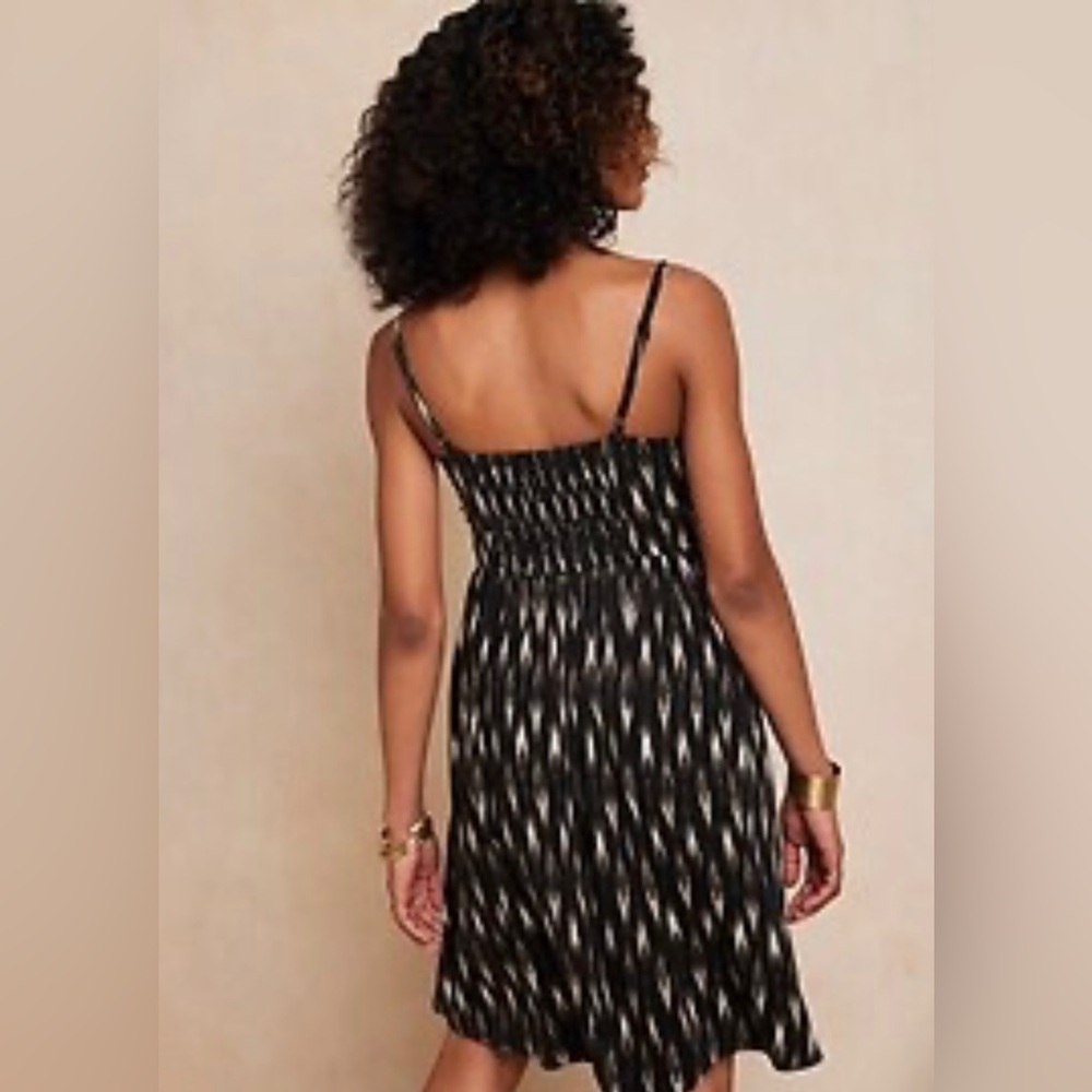 WOMENS LARGE BLACK MULTI PRINT TIE FRONT SHIRRED BACK ADJUSTABLE STRAP DRESS - Picture 2 of 10